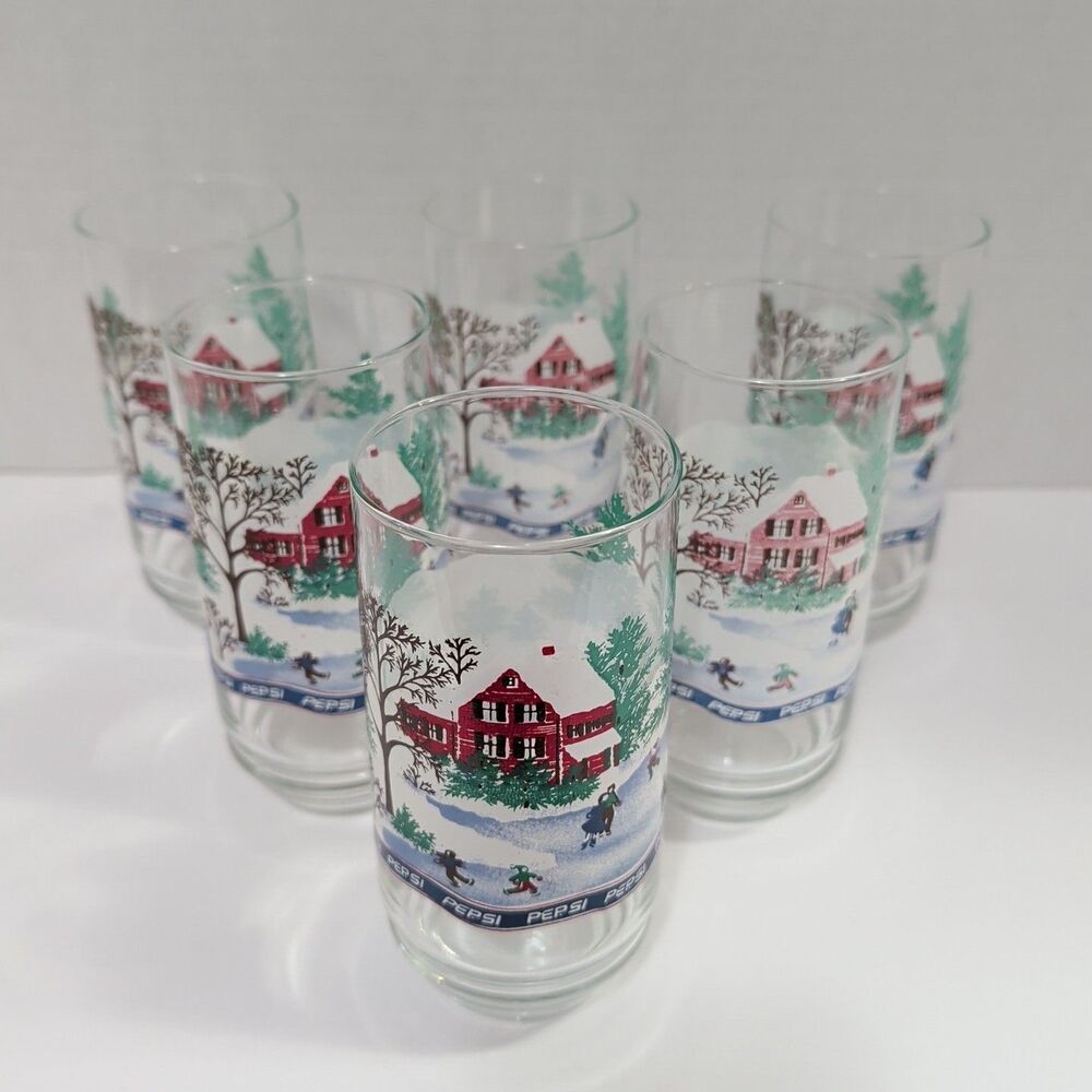 Vtg Pepsi Holiday 16oz Glasses Set of 6 Winter Cabin Snow Scene Retro